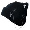 Gothic Knitted Beanie Hat for Women Y2K Cat Ear Hat Handmade Crochet Skull Hat Female Teens Subculture Headwear