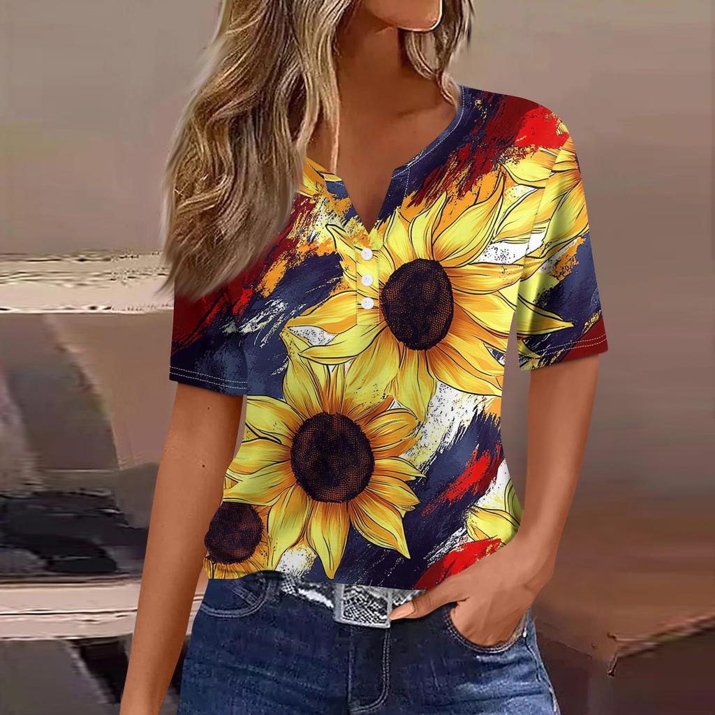 Damen-T-Shirt, T-Shirt, bedruckt, Knopfleiste, kurzärmelig, für den Alltag, Wochenende, modisch, Basic, V-Ausschnitt, normales Oberteil