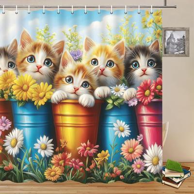 Cute Cat Shower Curtains Funny Animals Spring Daisies Flower Plants Pet Kitty Pattern Print Bathroom Decor Polyester Fabric