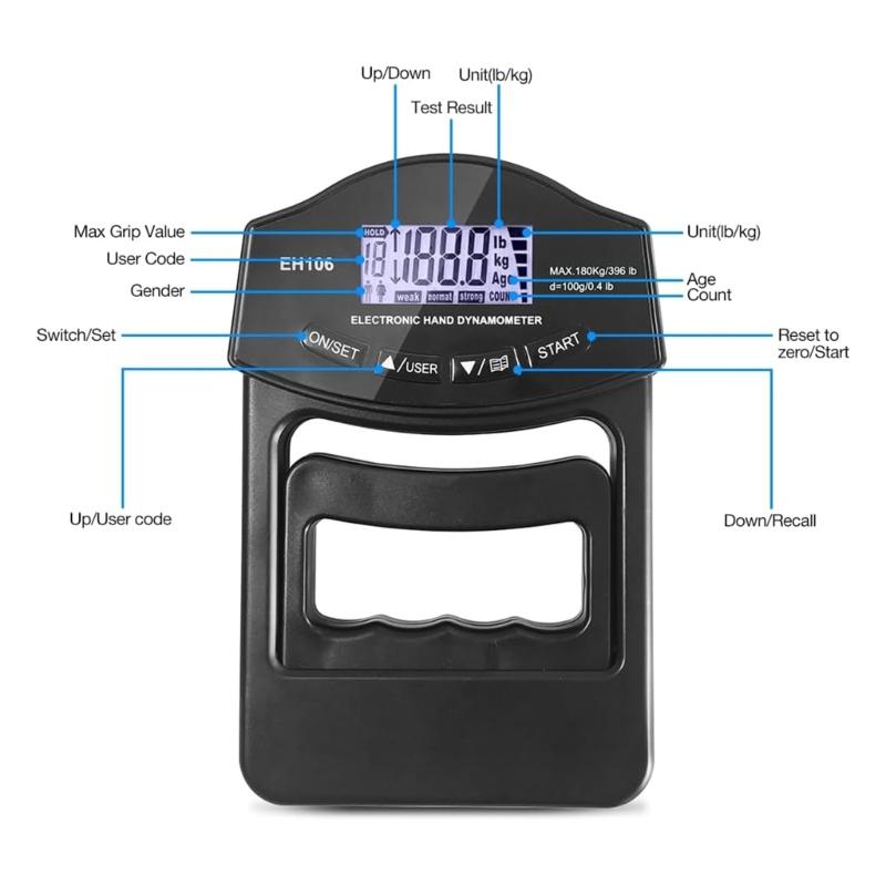 Digitales Handkraftmessgerät Elektronisches Griffstärkemessgerät 396lb/180kg Handdynamometer LED-Hintergrundbeleuchtung Handkraftmessgerät