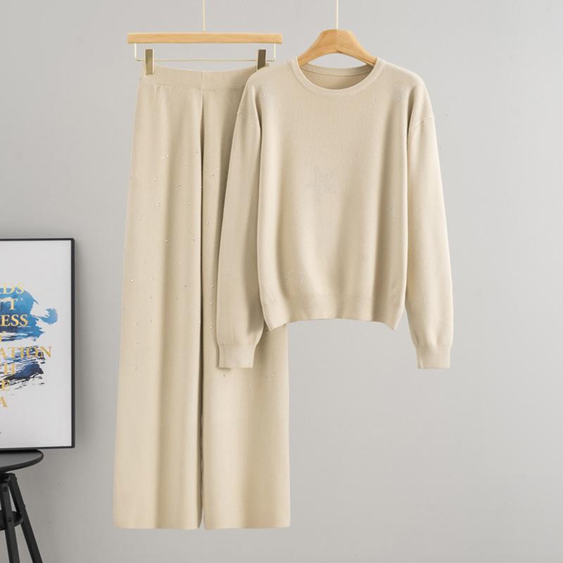 Fashion Autumn New Temperament Hot Diamond Loose Sweater Wide-leg Pants Knitted Two-piece Set for Women