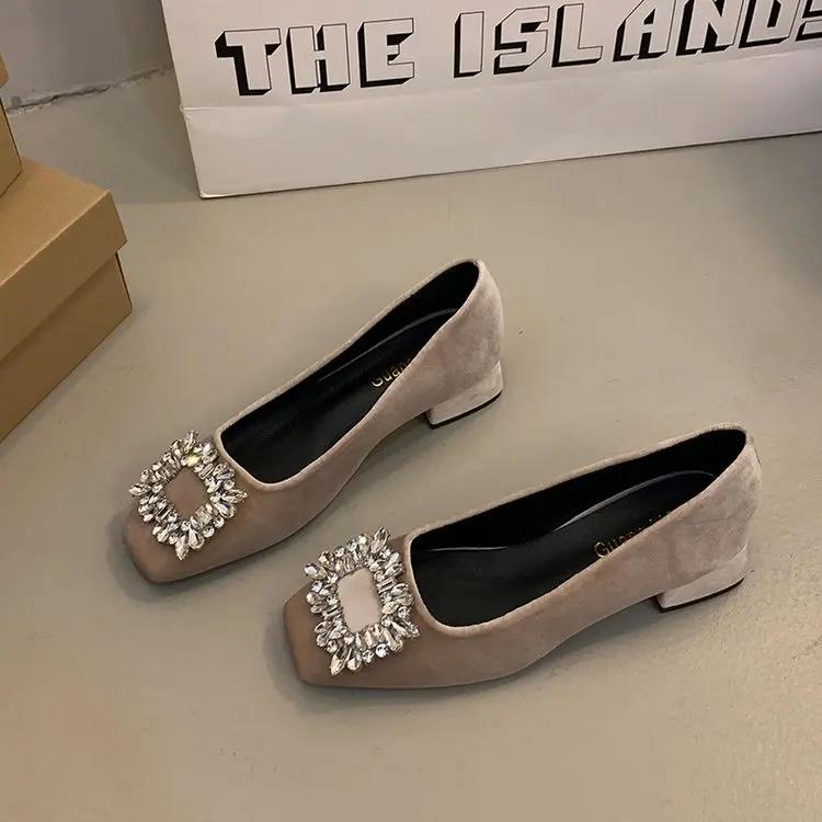 Fashion Women Square Heel Round Toe Crystal Pumps Plus Size 35-42 Black  Elegant Office Shoes For Ladies Comfortable Slip Ons 3.5cm