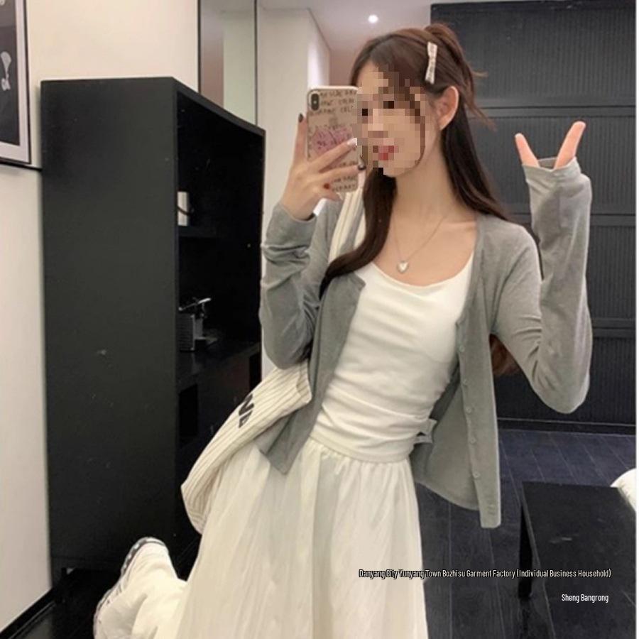 Grey Slimming Long Sleeve Knit Cardigan for Women - Casual and Versatile for Early Spring & Autumn