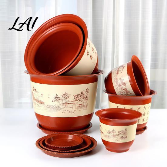 Weathered Finish Pot for Miniature Landscape Plastic Flower Large Plants with Drainage Holes & Saucer Tray Deep Nursery Healthy Root Growth