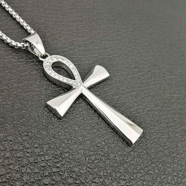 Egypt Iced Out Bling Ankh Cross Pendant Necklace Women Men Key of Life Gold Color Stainless Steel Rhinestones Egyptian Jewelry