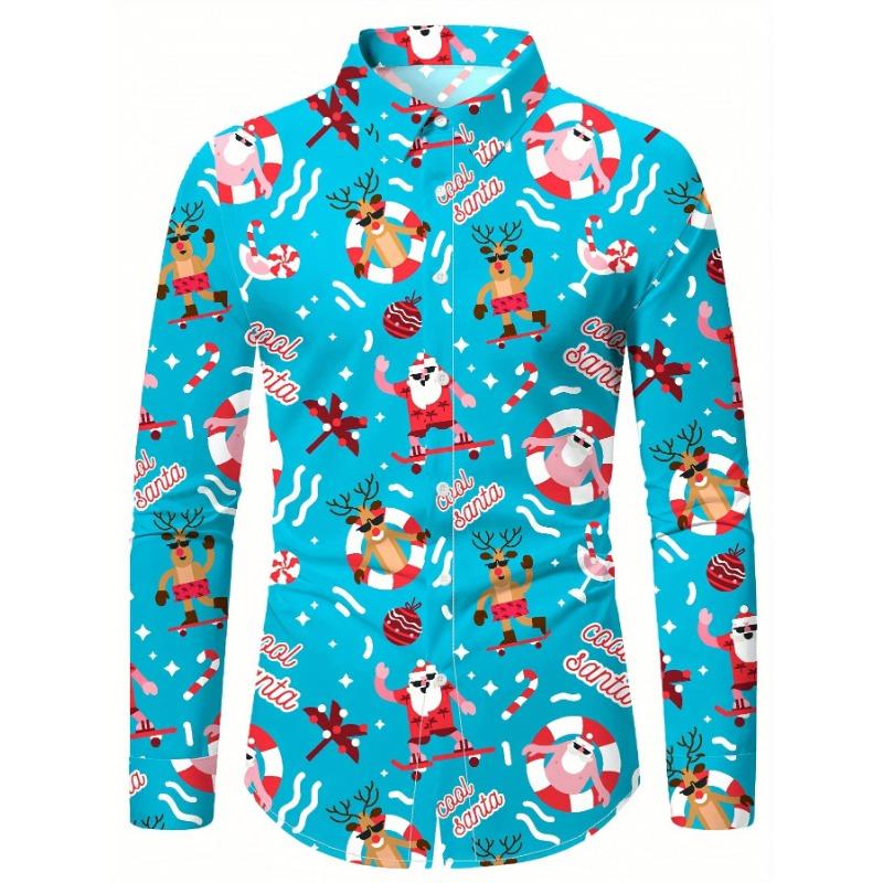 Christmas Snowflake and Five-Pointed Star Print Men's Long-Sleeved Shirt Retro Holiday Decorative Ball Collar Versatile Shirt