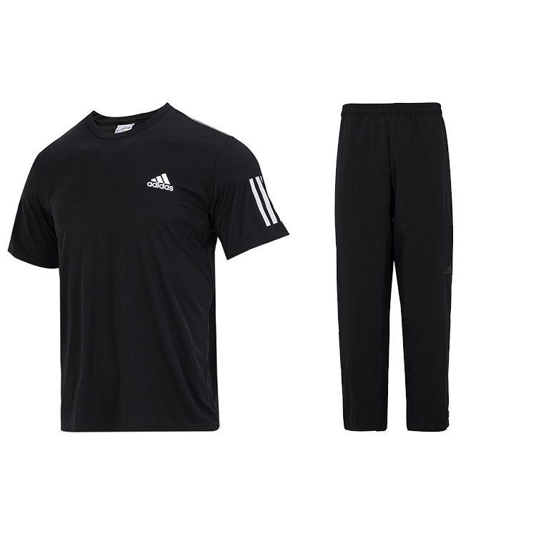 

Adidas Полосатый принт спортивная теннисная футболка с коротким рукавом и однотонные тренировочные тканые длинные брюки комплект мужские комплекты черный DU0859+HF8984 S