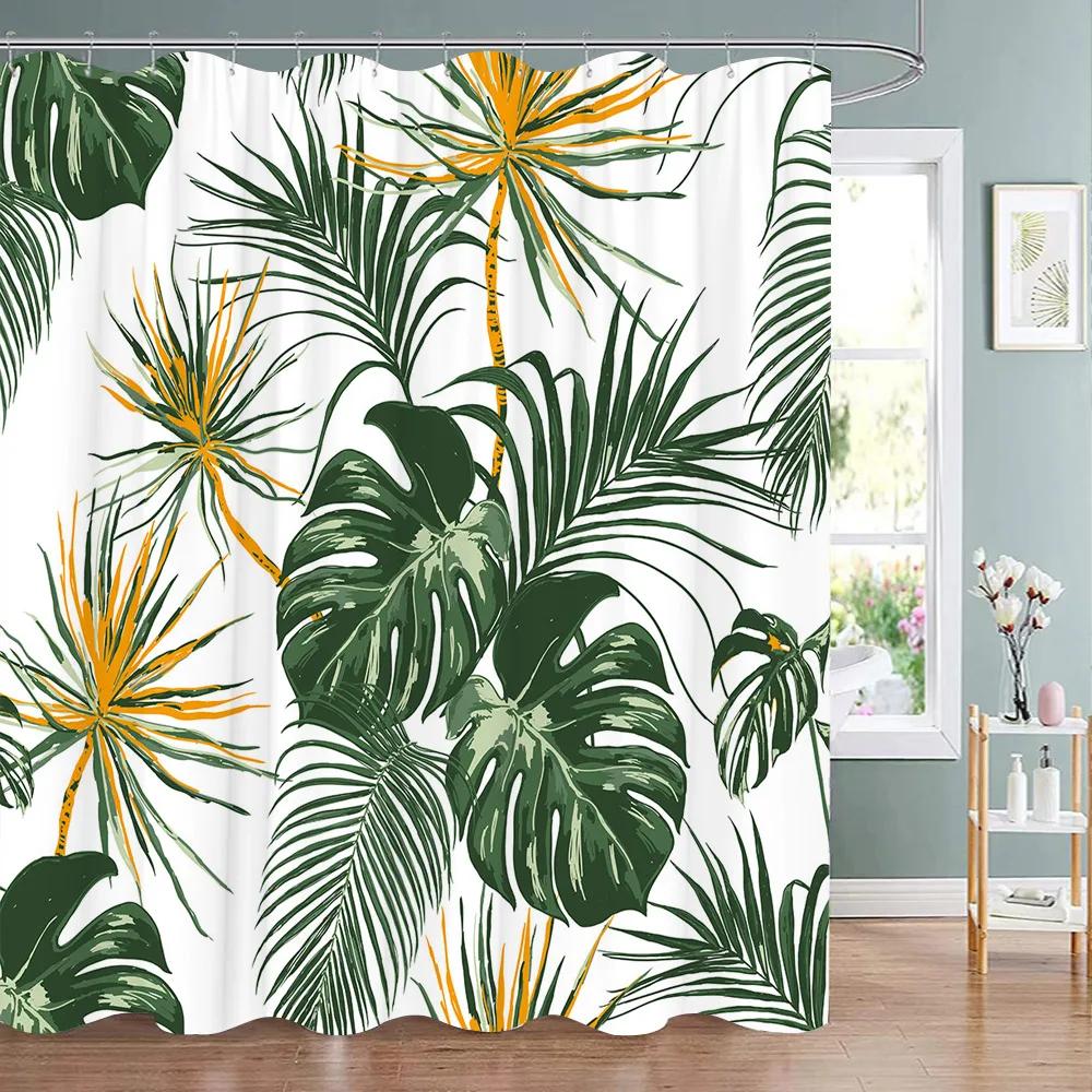 Botanical Flower Shower Curtain Tropical Leaves Fresh Flowers Polyester Fabric Washable Shower Curtain Bathroom Decor With Hooks