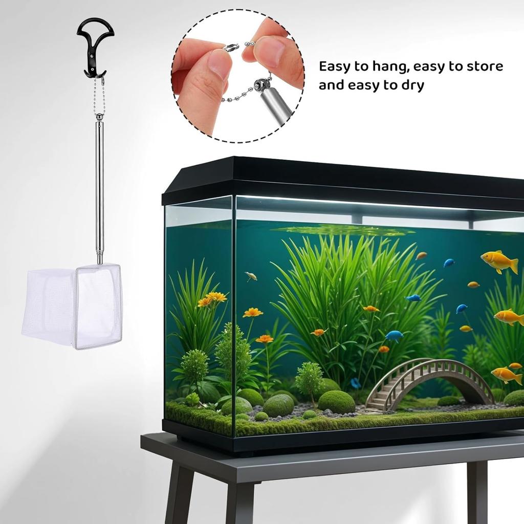 Aquarium Square Fishing Net with Suction Cup Extendable Long Handle Fishing Gear for Catching Fish Shrimp Tank Clean Supplies