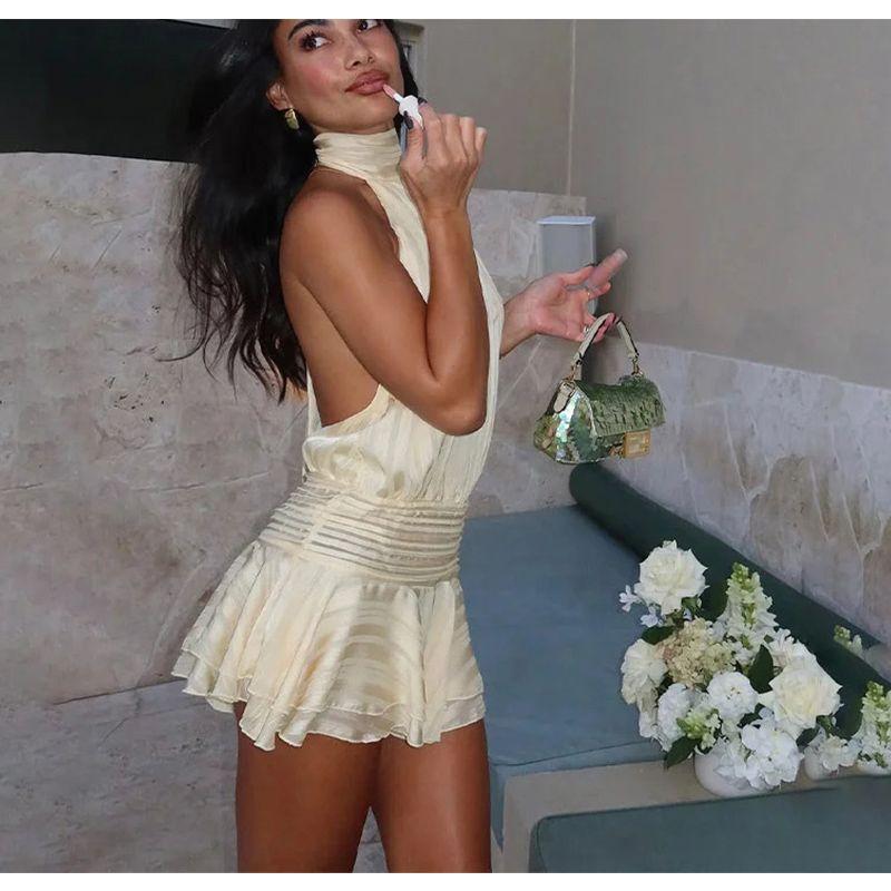 Summer New Product Women's Clothes Minimalist Style Hanging Collar Sleeveless Sexy High Waist Ruffles Short Midi Skirt Dress