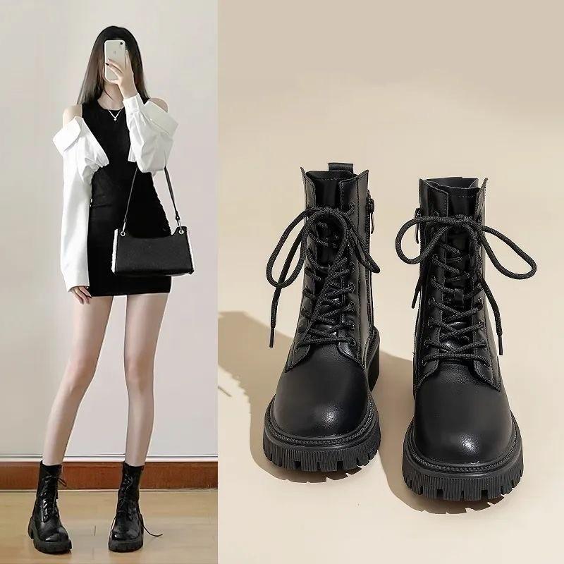 British Soft Leather Thick-soled Martin Boots Women's Autumn and Winter New Velvet Short Boots Small Casual Snow Boots