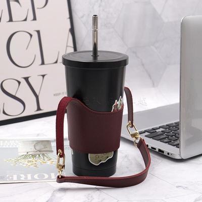 Abnehmbarer Klettverschluss-Kaffeebecher-Ärmel aus PU-Leder mit Henkel