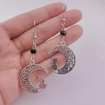 Mode Silber Farbe Mond Katze Ohrringe Frauen Schwarz Kristall Perlen Crescent Gothic Punk Schmuck Katze Liebhaber Geschenke