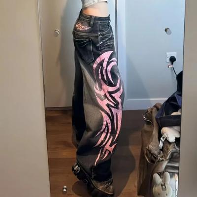 RogueWave Y2K American Vintage Jeans Amples à Imprimé Totem Moucheté Femmes Taille Haute Jambe Large Jeans Femmes Harajuku Tendance Hip-hop