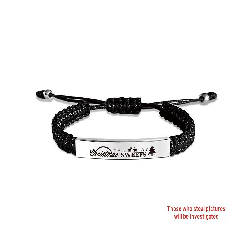 Christmas Handmade Woven Bracelet with Engraved Curved Stainless Steel Plate