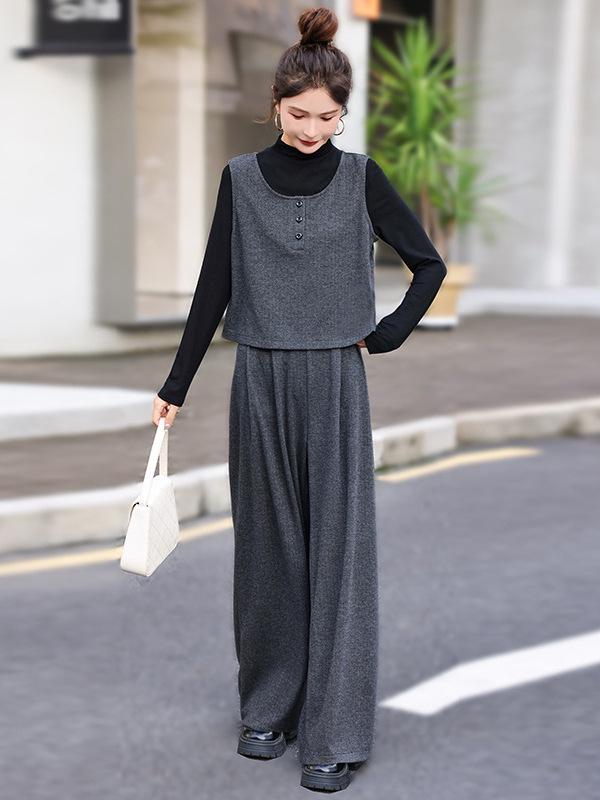 2026 Spring Women's Trendy Three-Piece Set: Stylish Top, Vest & Wide-Leg Pants