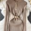Spring Autumn Women Full Sleeve Knitted Sweater Office Work Slim Bodycon Pencil Dresses with Belt