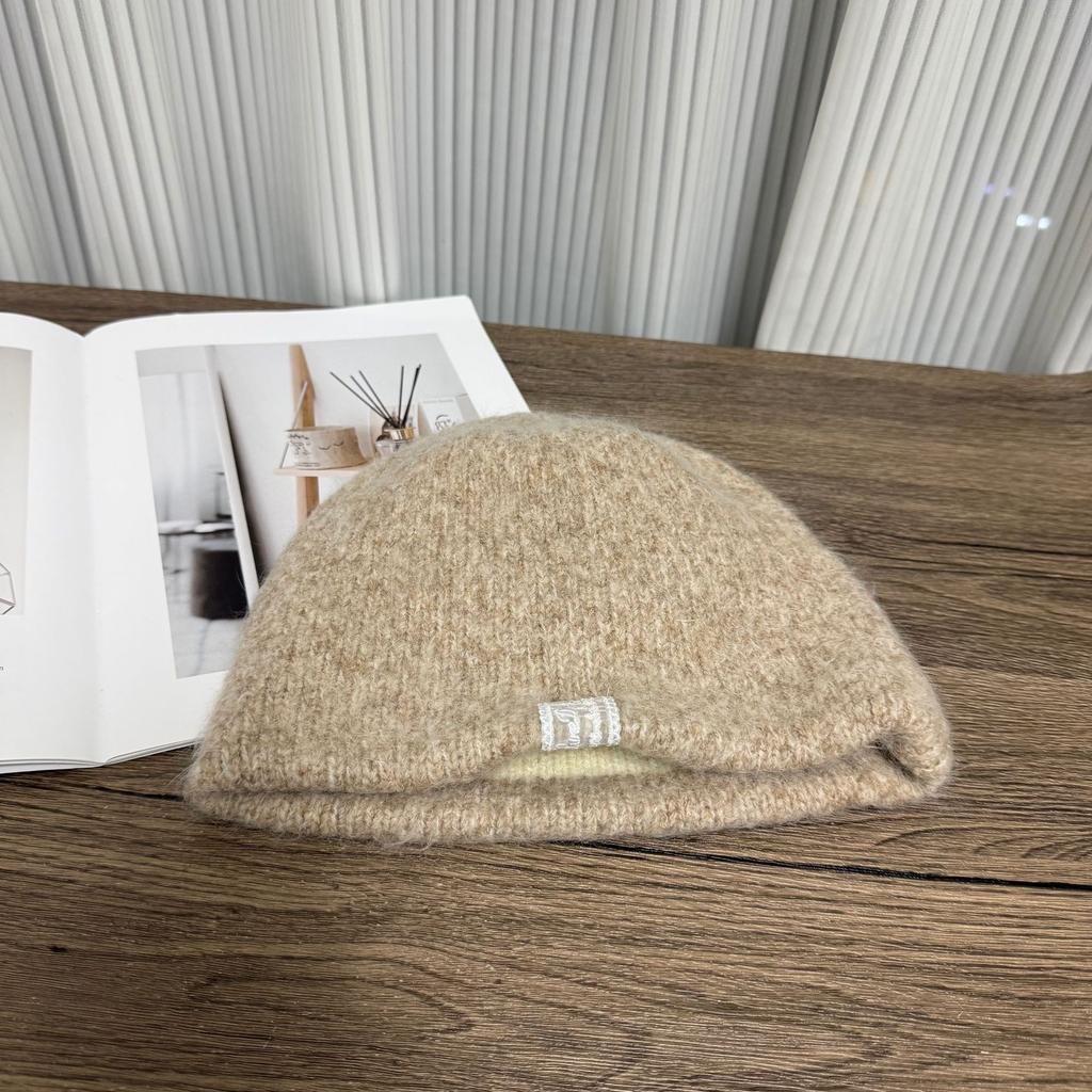 New double-layer blended wool hat with small face, cloth label warm knitted hat, simple and versatile cold hat in autumn and winter