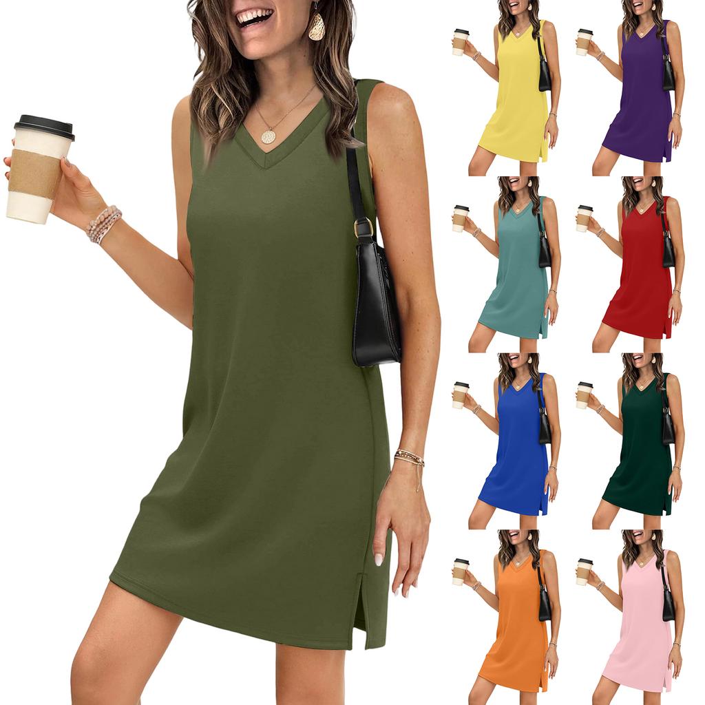 Ärmelloses V-Ausschnitt-Kleid für Damen, lässiges lockeres Tanktop-Kleid mit seitlichem Schlitz am Saum, leichte Sommerkleidung