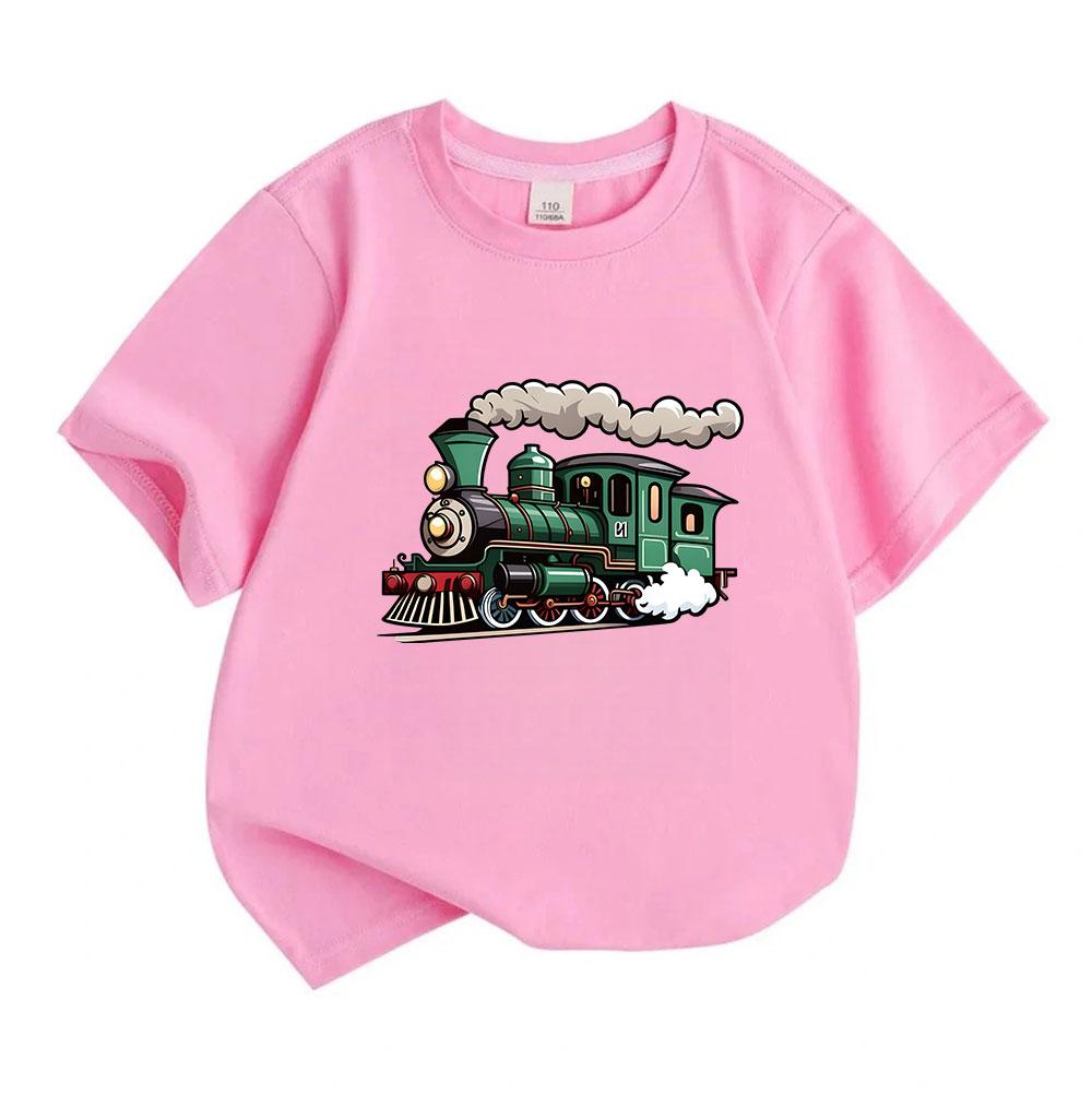 Kids Boys Girls 100% Cotton Crew Neck Short Sleeve T-Shirt, Cute Cartoon Steam Locomotive Print Casual Soft Tee Top for Children Daily Wear Holiday Gi