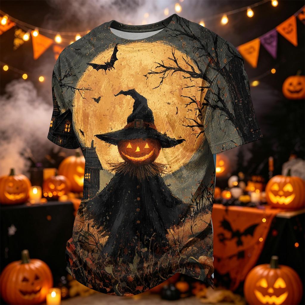 Men's Casual Corduroy Short Sleeve T-Shirt Lightweight Breathable Round Neck Halloween Pumpkin Print Top Comfortable Fit