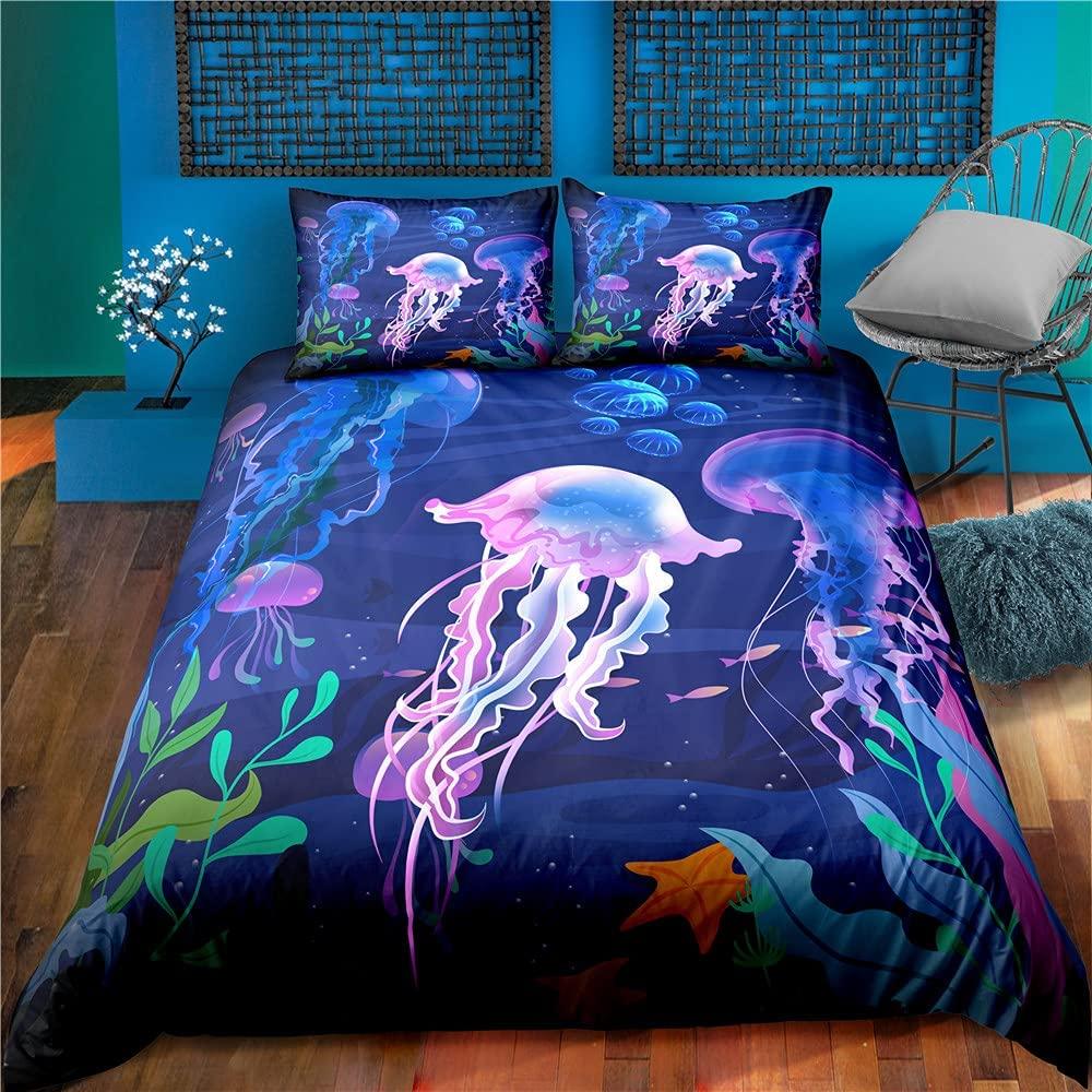 

Jellyfish Bedding Set Queen,Ocean Nautical Comforter Cover for Kids Boys Girls,Hawaii Beach Duvet Cover Teens Cute Sea Animal EU single(135x200cm)