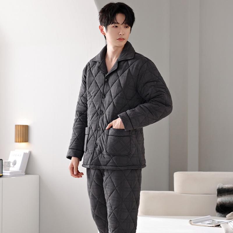 Anti-Static Pajamas Men'S Winter Pure Cotton Padded Three-Layer Thickened And Velvet Warm Autumn And Winter Loungewear Large Size Set