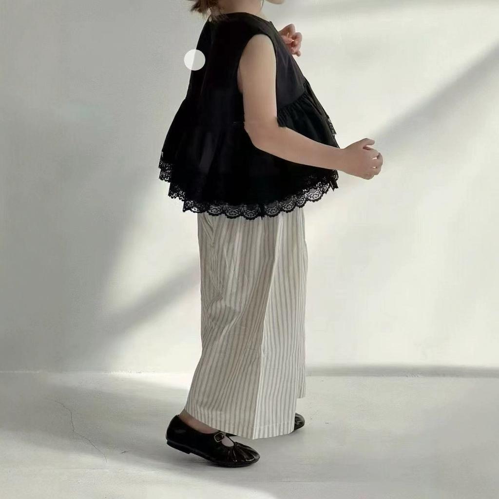 Girls' Summer Set Doll Shirt Sleeveless Lace Black Vest+ Striped Pants Girls' Clothing Sets