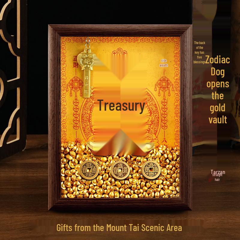 2025 Auspicious Open Wealth Photo Frame with Golden Key, Solid Wood Entrance Foyer, Zodiac Animals, Five Roads to Attract Wealth.