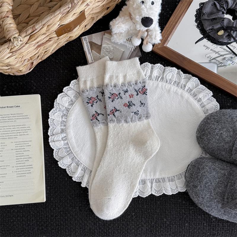 Floral Wool Socks - Children's Autumn and Winter Woolen Textured Mid-length Socks with Added Thickness for Warmth. Trendy Pile Socks for Winter.