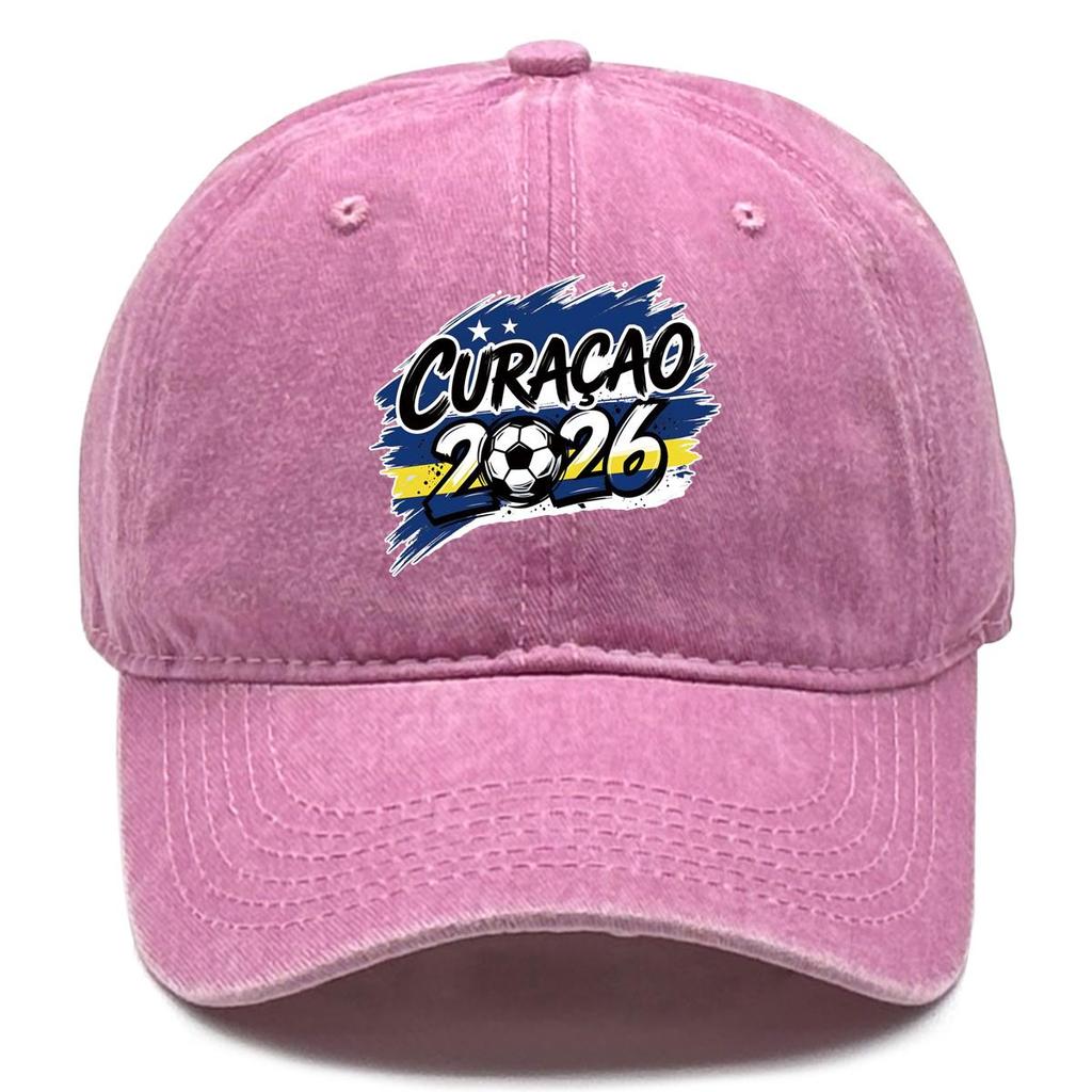 2026 Football Soccer "CURACAO" Flag Printed Baseball Hat , Adjustable Baseball Cap Headwear Non-Stretch Fabric Leisure Solid Color Sun Hat