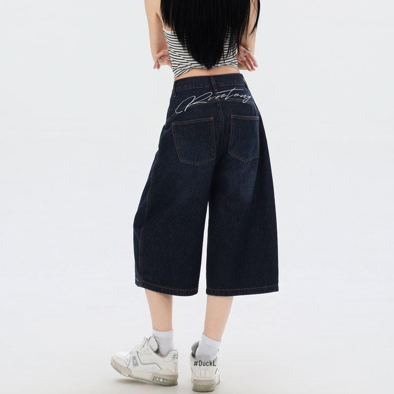 

Two-Tone Retro White-Washed Cropped Wide-Leg Pants with Back Waist Letter Embroidery L темно-синий