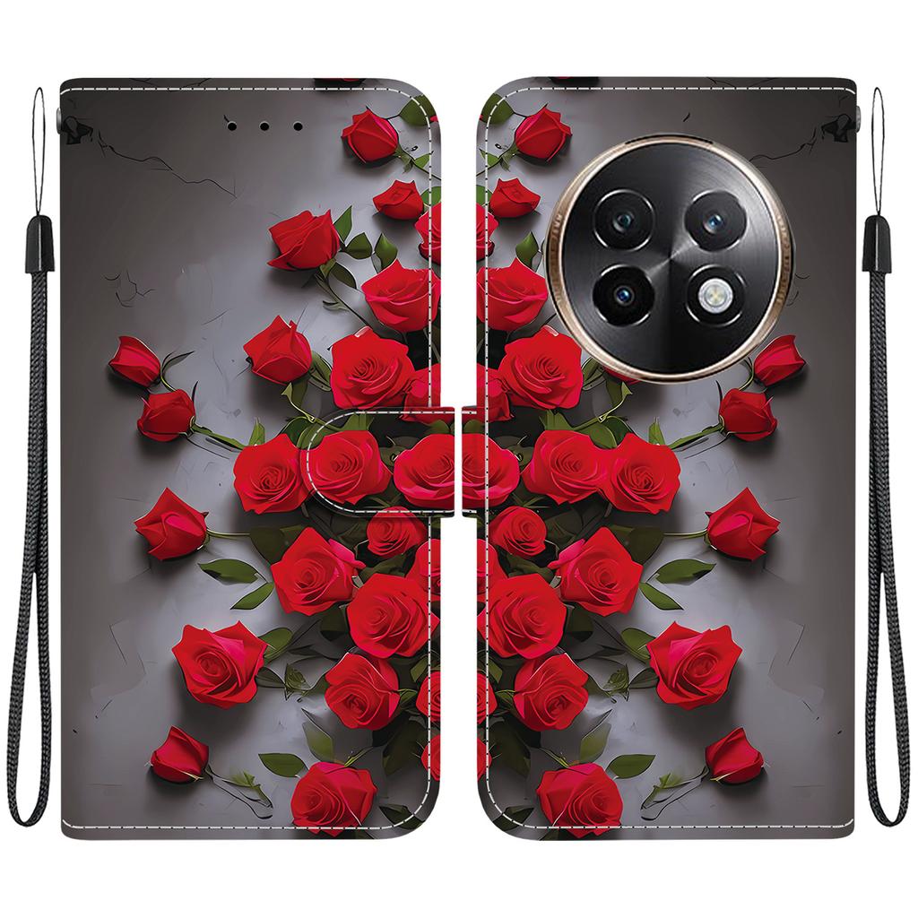 Handmade PU Leather Flip Case for Realme 13+ / Realme 13 Plus Anti-Slip Shockproof Cover with Wrist Strap & Heart/Rose Cat Designs