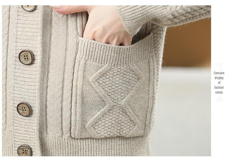 Cardigan a Maglia Grossa Autunno/Inverno per Donne di Mezza Età e Anziane - Girocollo, Manica Lunga, Colore Unito