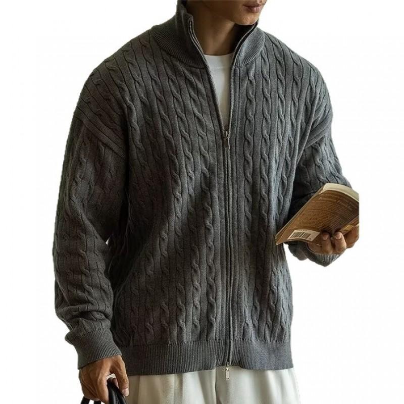 Mens Cable Knit Zipper Cardigan Stand Collar Sweater Fall Casual Vintage Style