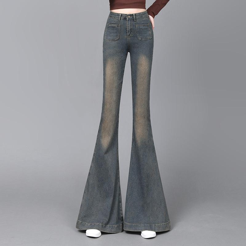 American Retro High Waist Velvet Flare Jeans for Tall Women - Slim Fit, Floor Length 29