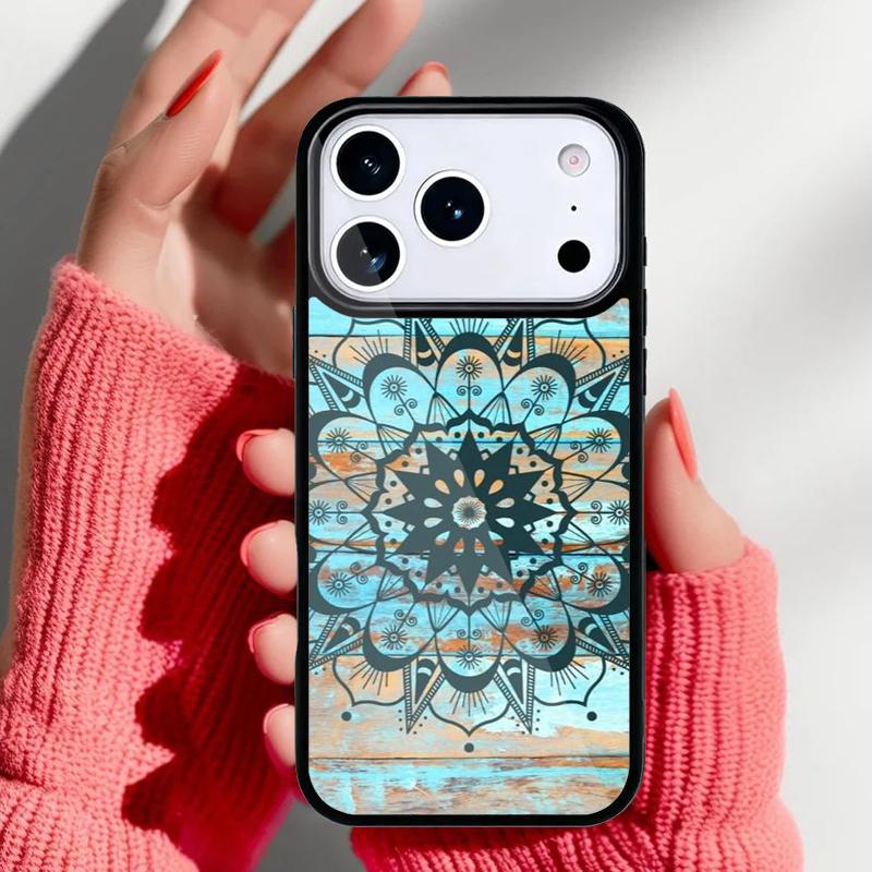 Mandala Floral Wood Phone Case for iPhone 17 16 15 14 13 Pro Max Back Cover for 12 11 Pro Coque