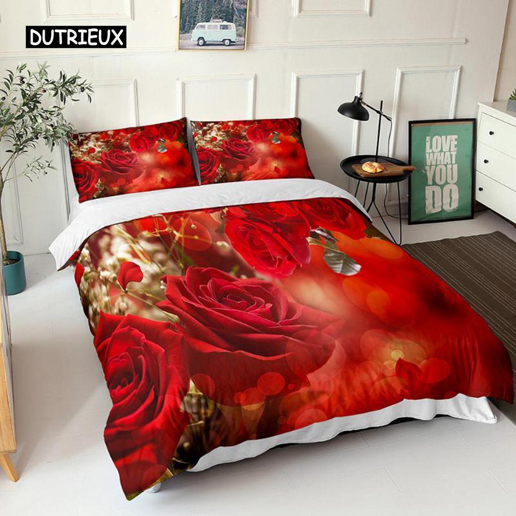 Red Rose Duvet Cover Set Queen Microfiber Floral Petals Botanical Twin Bedding Set Romantic Flowers Valentine's Day Quilt Cover