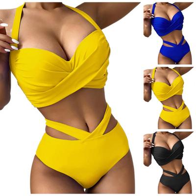 2 Pcs/Set Swimwear Set Solid Halter Neck Hight Waist Women Swimsuit for Beach