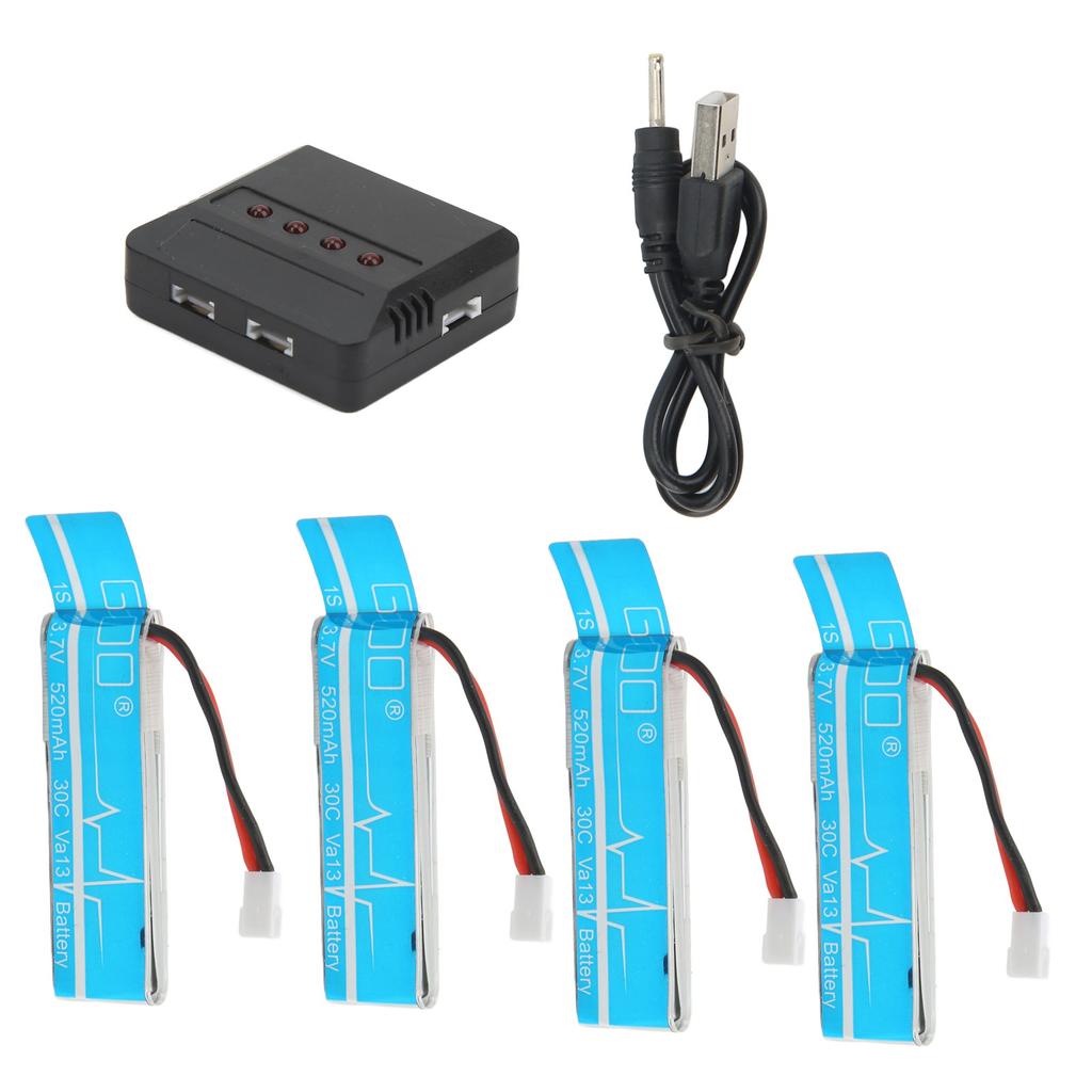 4pcs RC Helicopter Lithium Ion Battery Plastic Blue 3.7V 520mah RC Plane Accessories with Charger for WLtoys V977