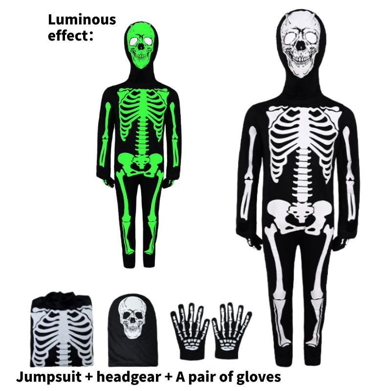 Luminous Halloween Skull Skeleton Child Cosplay Costume Jumpsuits Cloak Party