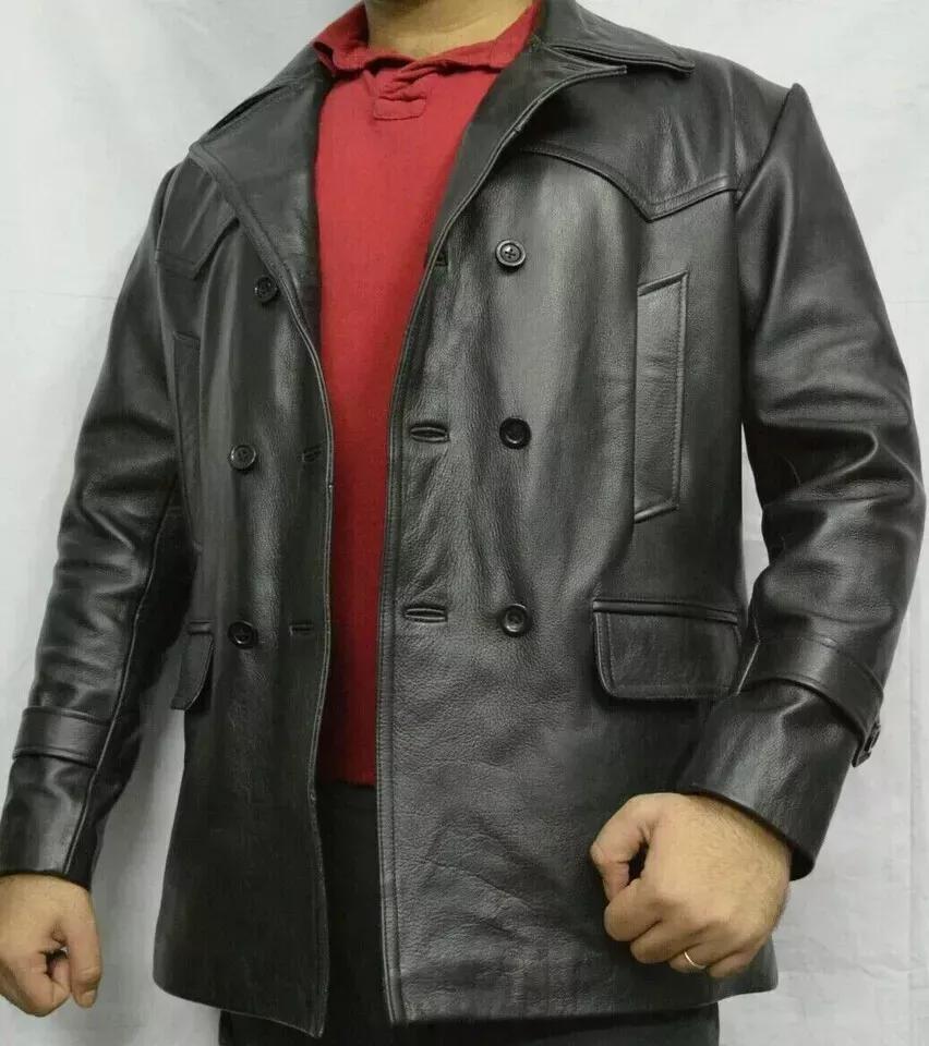 Nuovo sottomarino tedesco in vera pelle nera fatto a mano elegante cappotto da uomo blazer