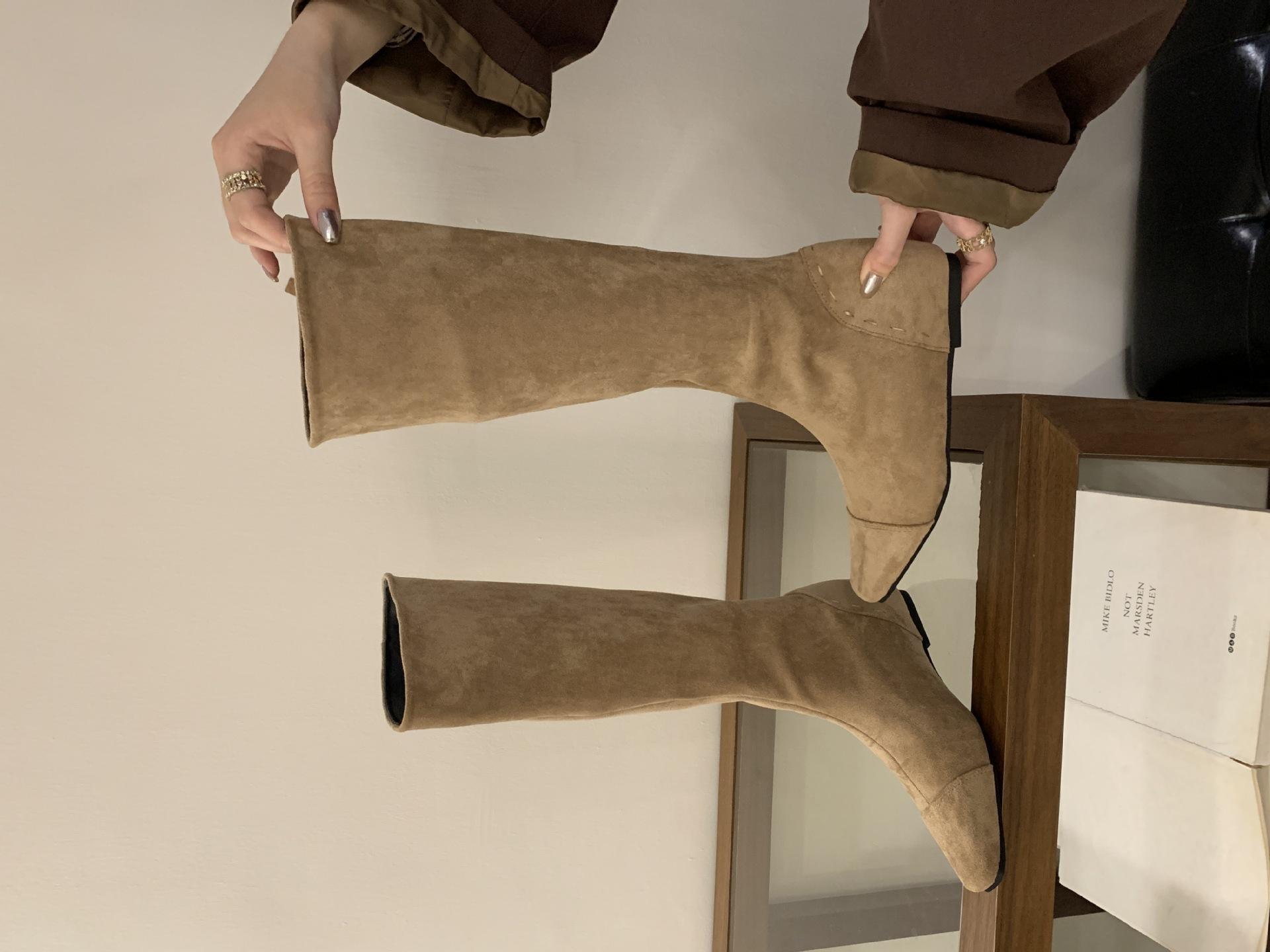 

2025 new autumn and winter long tube knight boots inner height increase retro khaki thin boots medium boots women s shoes 39 темно-коричневого