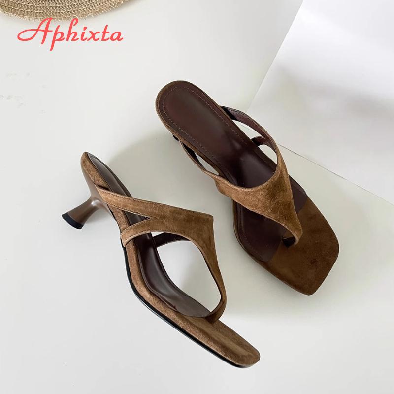 Fashion Aphixta Women Classic Slides Cow Suede Thin Heels Slippers For Women Summer Beach Sandals Outdoor Flip Flops Ladies Shoes