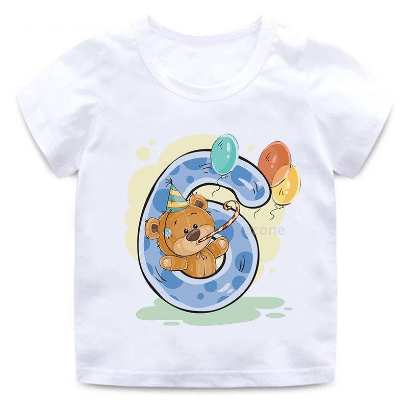 Children's T-shirt with Bear Birthday Number Print, Crew Neck, Short Sleeve, White