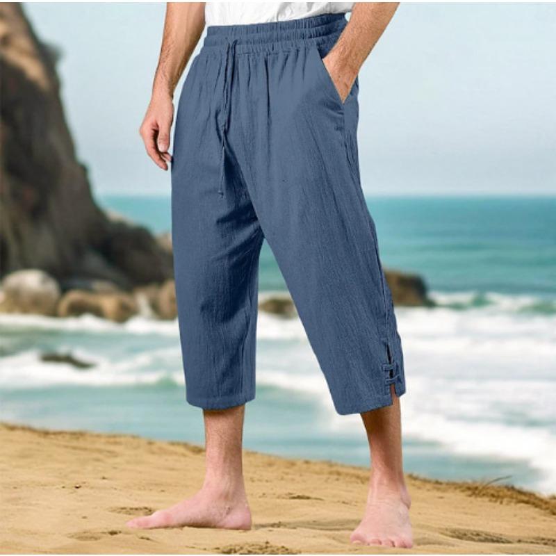 Men's Casual Summer Waist Drawstring Multi-pocket Linen Cropped Pants Beach Pants