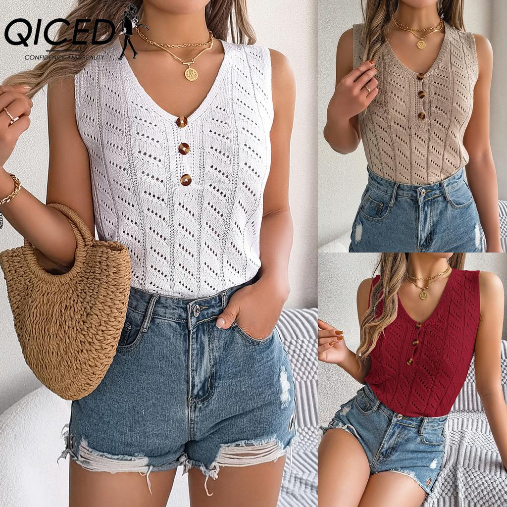 QICED Summer Solid Color Button V-neck Cuffed Sleeveless Top Vacation Knitted Sweater Women's Wear