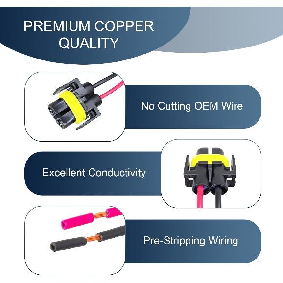 Pack-2 H11 Socket Wire Harness Connectors, Waterproof Fog Light Harness Plug, Multi-Purpose Pigtail Adapter Plug, For Fog Light High Low Beam Bulb