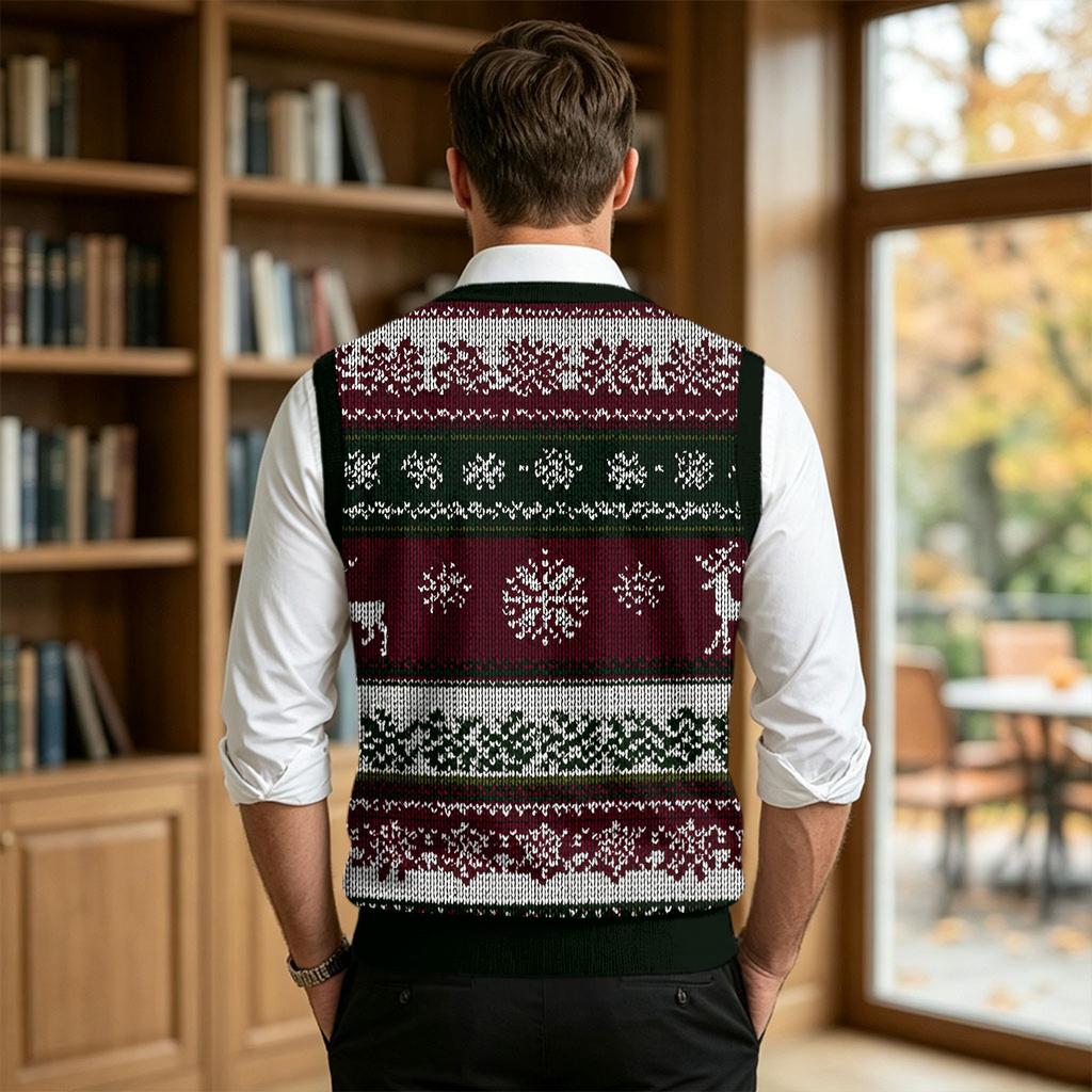 Gilet lavorato a maglia casual da uomo con scollo a V in lana e stampa natalizia per il tragitto casa-lavoro e l'uso quotidiano