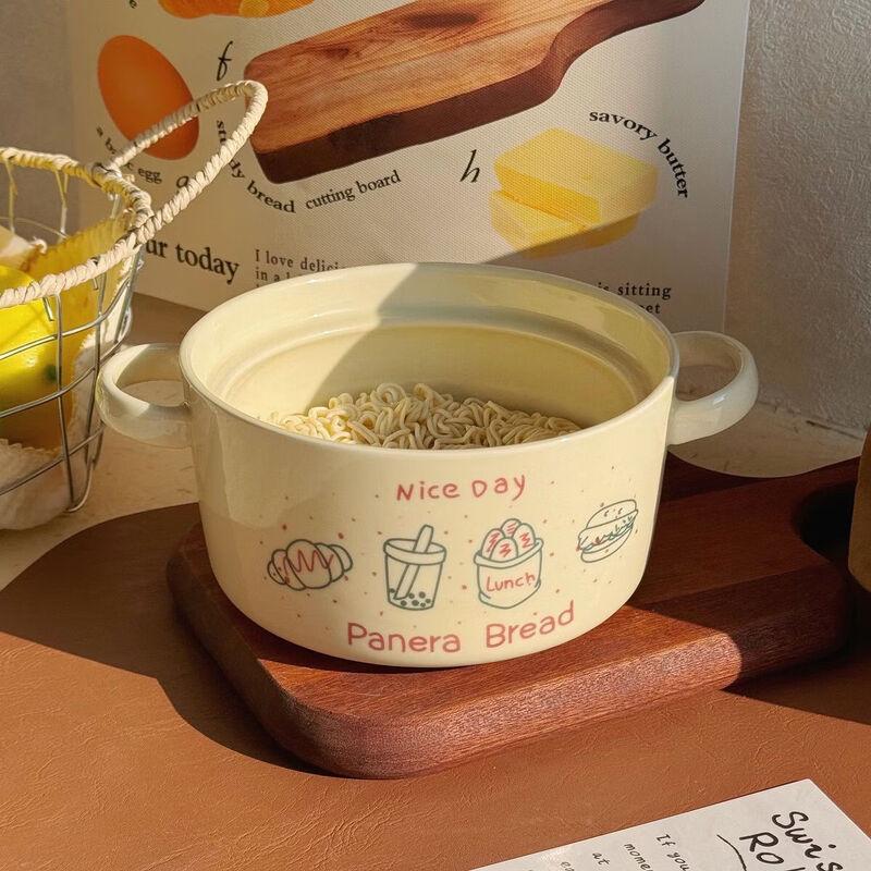 Cute Ceramic Double-Ear Noodle Bowl with Lid